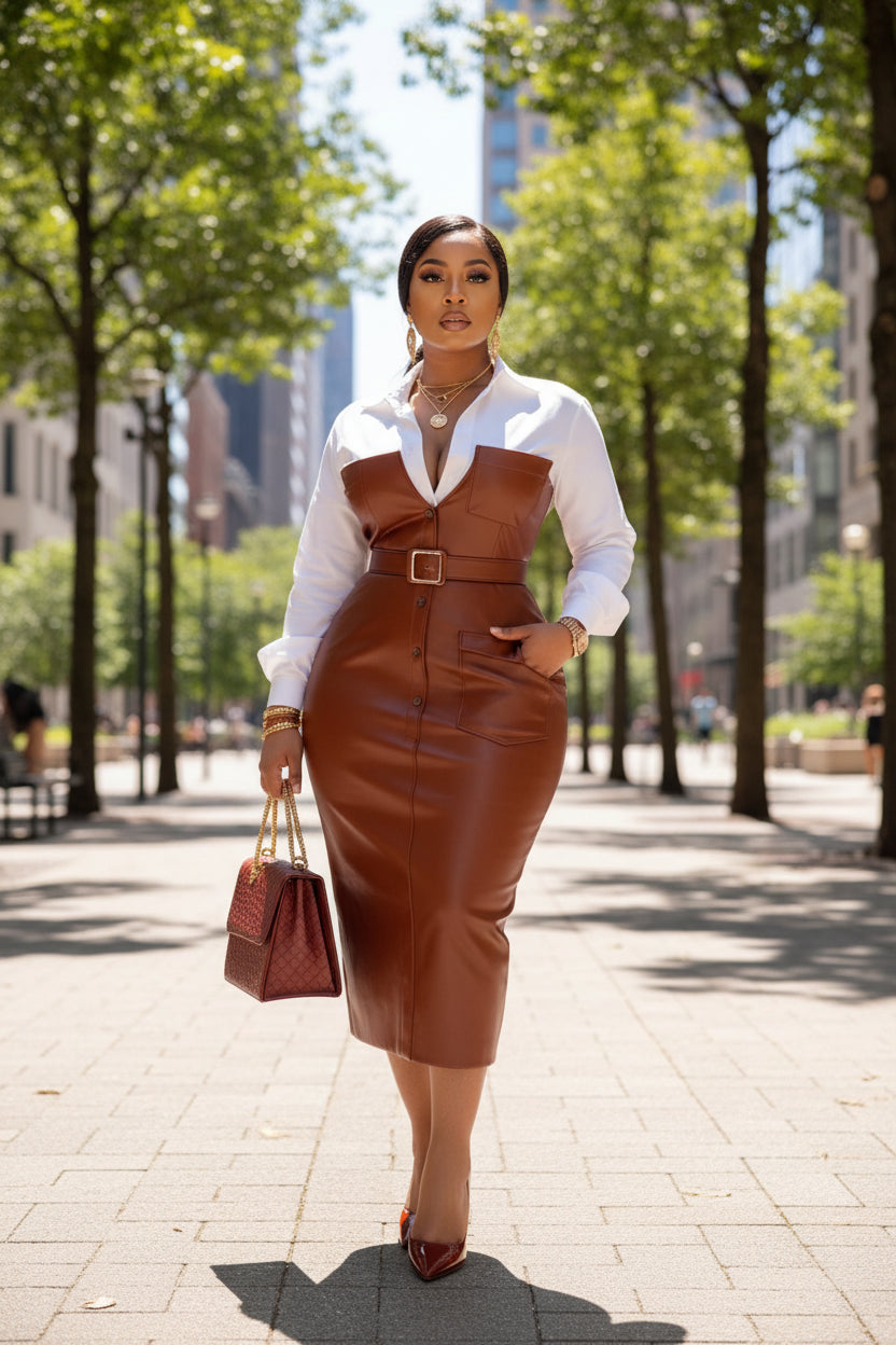 Woman in a brown leather dress with a white shirt, holding a matching handbag in an indoor setting.