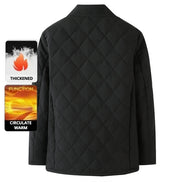 Black quilted jacket with a diamond pattern, shown from the back with two feature callout graphics on the left highlighting thickened fabric and circulate warm function.