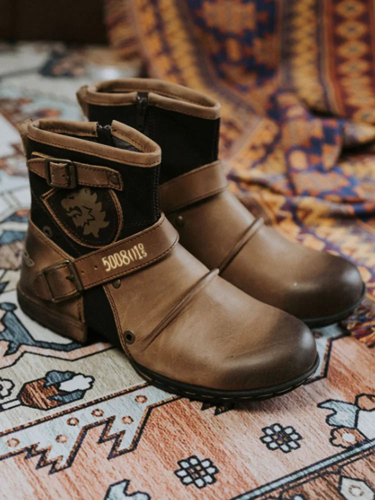 Men's Ankle Boots High Quality Cowboy Boots Men Metal Buckle Side Zipper Motorcycle Boots Gothic Boots Retro Western Boots