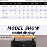 A size recommendation chart and model display section for men's bottoms. The top table lists height/weight ranges from 165-170 to 180-185 against size columns 100 to 180.