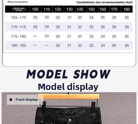 A size recommendation chart and model display section for men's bottoms. The top table lists height/weight ranges from 165-170 to 180-185 against size columns 100 to 180.