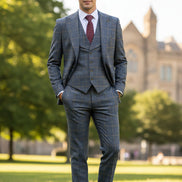 Gray checkered suit on a mannequin with a red tie against a beige curtain background
