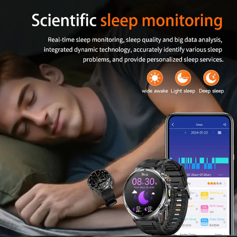 Smartwatch with sleep monitoring app on phone displaying sleep data, next to a person sleeping.