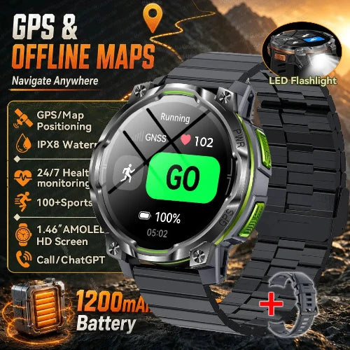 Black and silver rugged smartwatch with a green display showing 'GO' and fitness icons, surrounded by promotional text and feature callouts including GPS, 