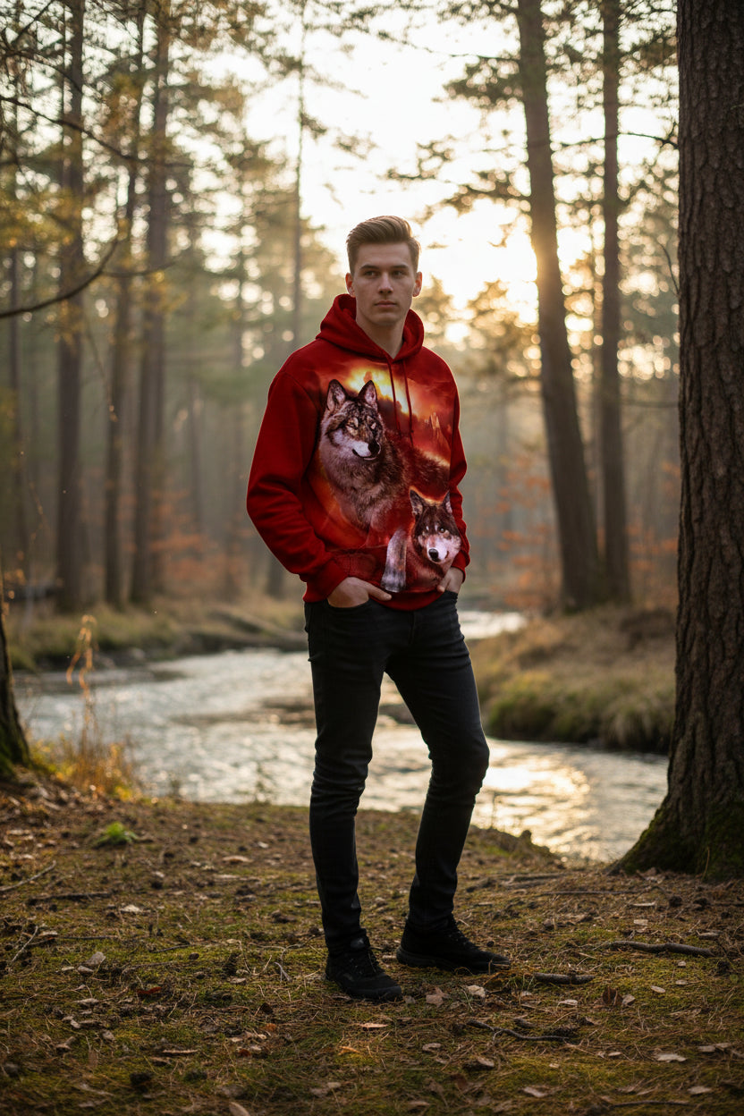 Hoodie with wolf design on a red and orange background