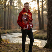 Hoodie with wolf design on a red and orange background
