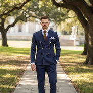 Blue suit with gold buttons and a brown tie on a white background, featuring 'Customize Mens-Tuxe Store' text.