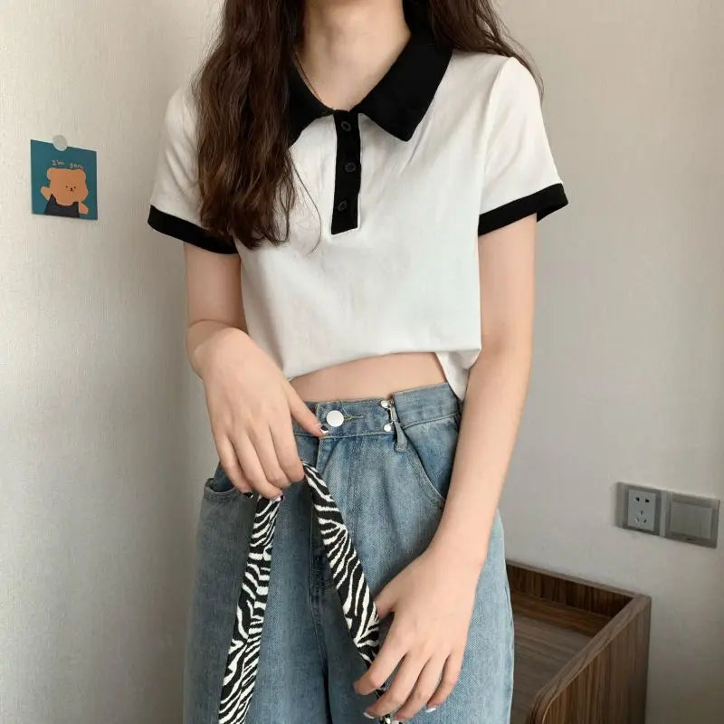 Summer 2026 Women New Arrival Slim Fit Versatile Polo Collar Color Block Short T Shirt Short Sleeve Unique Top Ins Trendy