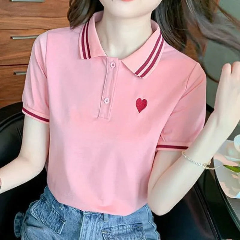 Polo Neck Shirt for Women100℅ Cotton  Woman T Embroidery Button Graphic Slim Korean Clothing Trend 2025 Youthful Elegant Style