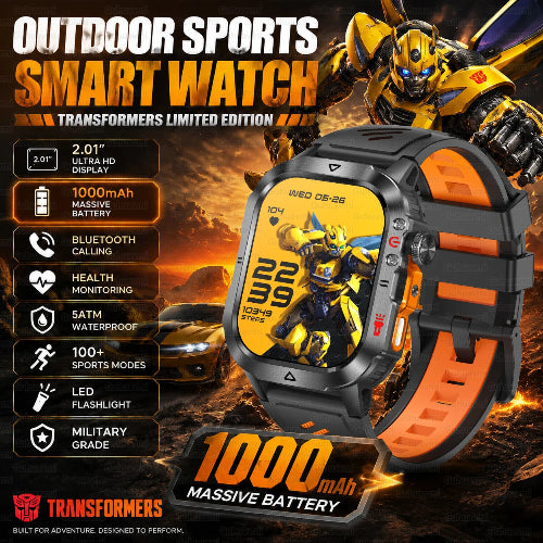 A Transformers limited edition smart watch for outdoor sports, featuring a black and orange rugged design 