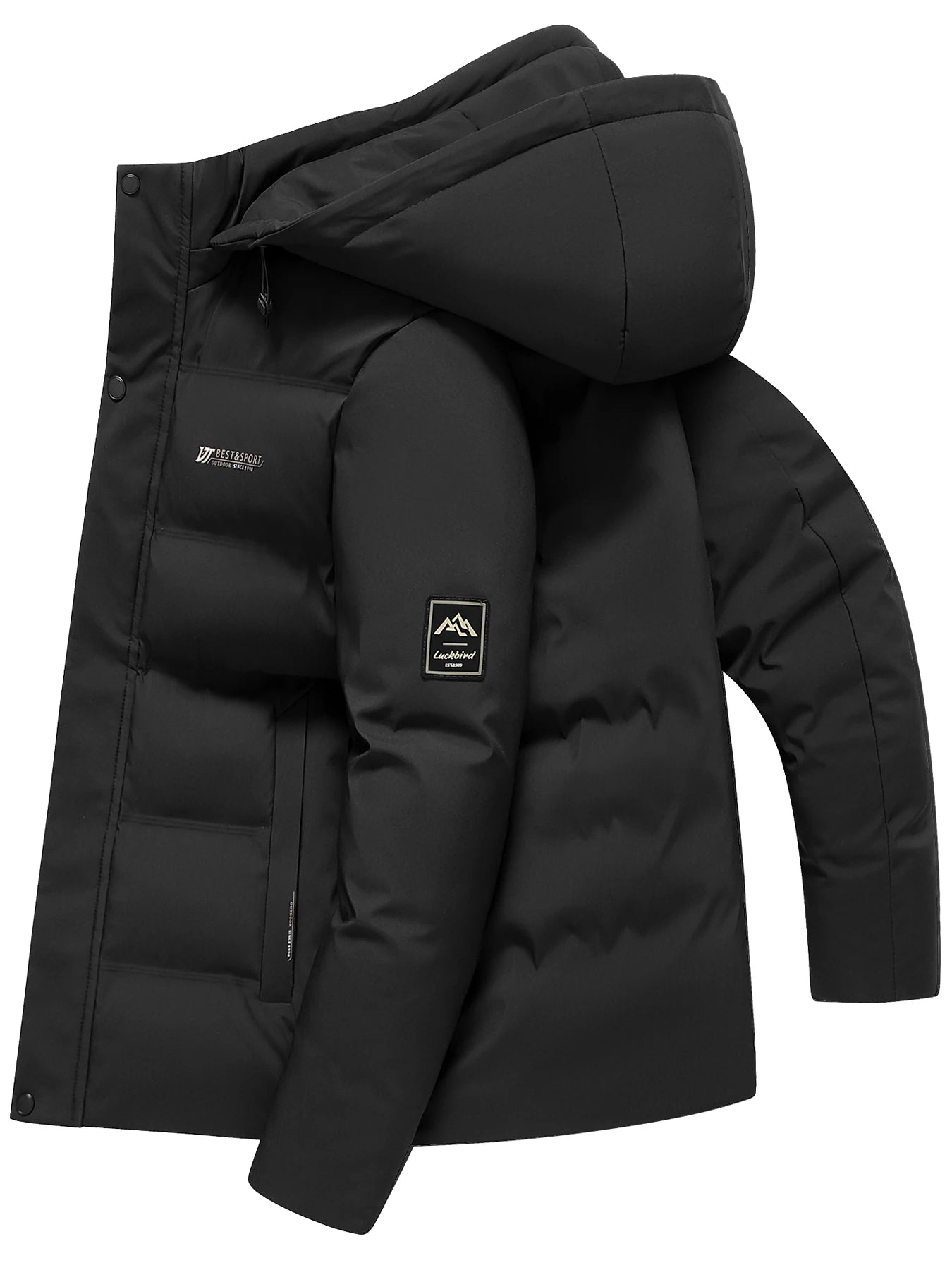 Black puffer jacket with a hood on a white background