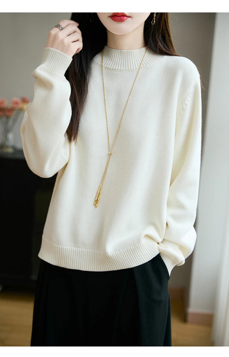 100% Pure Cotton Women's Knitted Sweater Solid Color Round Neck Pullover Loose Cotton Sweater Autumn and Winter New Women's Top