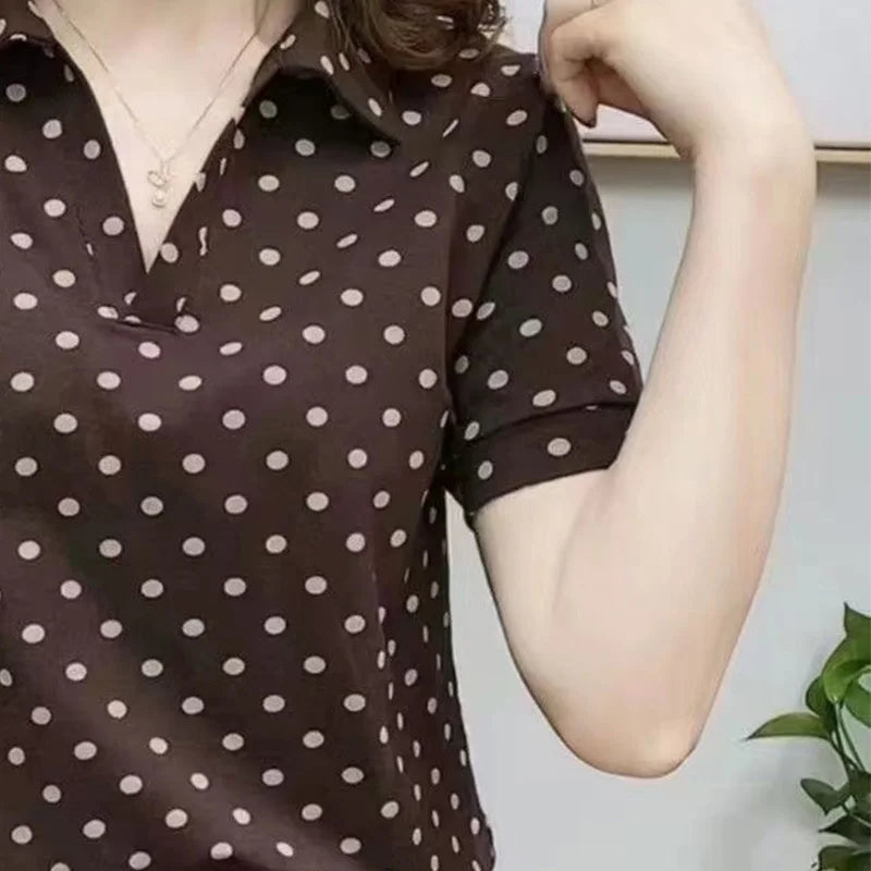 Women's T-shirt Short Sleeve Summer Letter Turn-down Collar Pullover Solid Polka Dot Embroidery Polo Casual Plus Size Tops