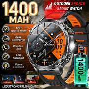 Outdoor sports smartwatch with 1400mAh battery pack on a dark background