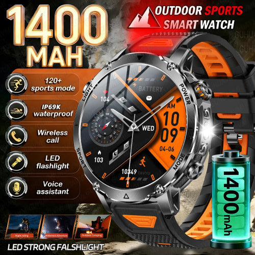 Outdoor sports smartwatch with 1400mAh battery pack on a dark background