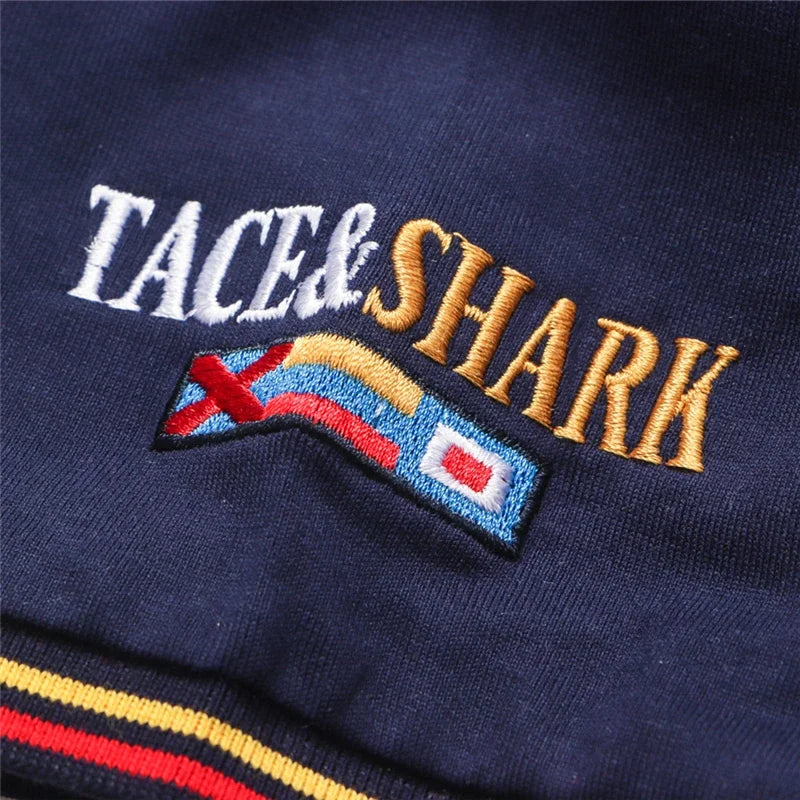TACE&SHARK Summer Military T-shirts Fashion Embroidery Casual Cotton White Camiseta Tops Tees Shark Short Sleeve T Shirt Men