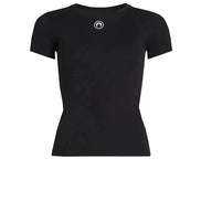 Black t-shirt with a logo on a white background