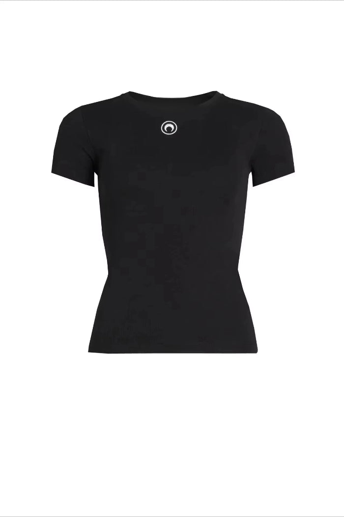 Black t-shirt with a logo on a white background