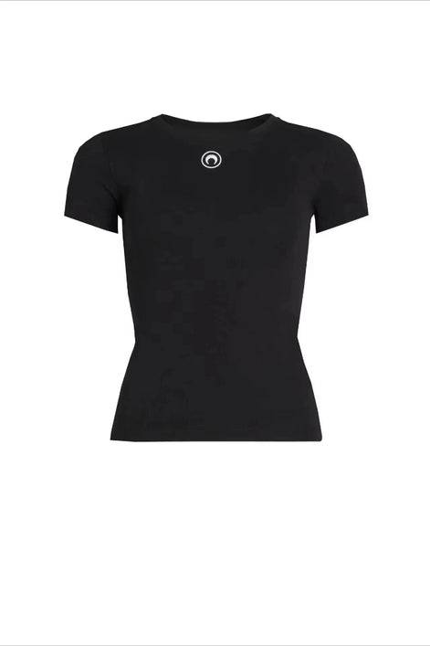 Black t-shirt with a logo on a white background
