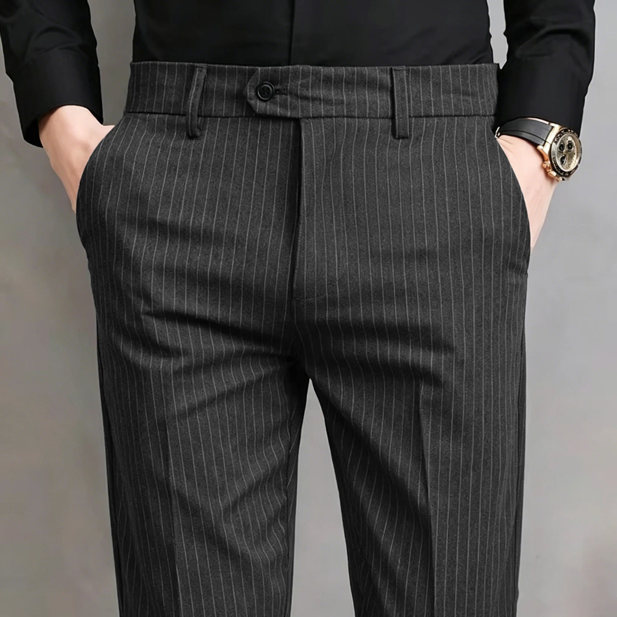 Pinstripe Pattern Suit Pants for Man Formal Dress Slim Fit Pants Elastic Waist Summer Thin Casual Trousers Male Business Wedding