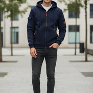 Navy blue hoodie with orange accents on a white background