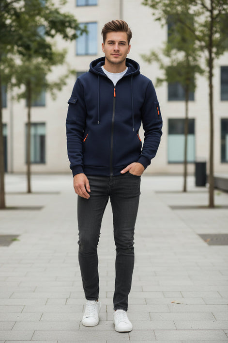 Navy blue hoodie with orange accents on a white background