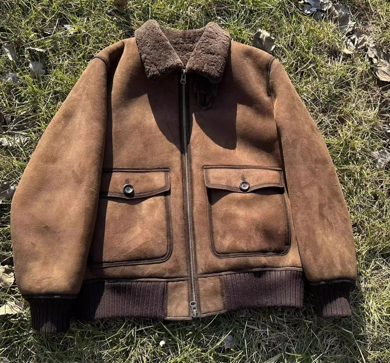 Luxury Genuine Leather Suede Men Jacket Wool Lining Coat Retro Winter Warm Sheepskin Jackets Turndown Collar Real Fur Outerwear