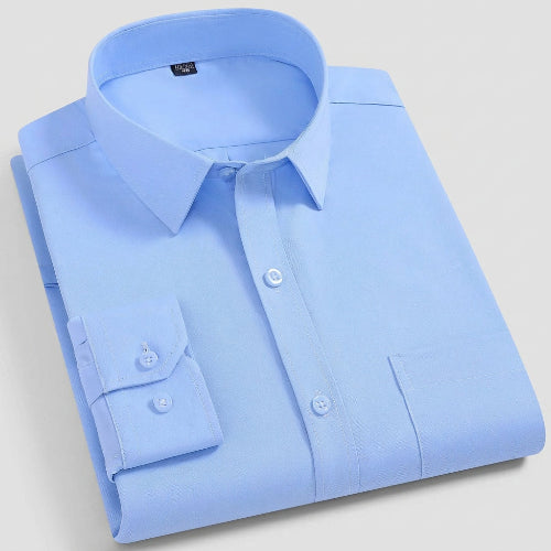 Light blue long-sleeve dress shirt folded neatly, shown on a white background with Chinese text overlays and a small product inset in the upper right.