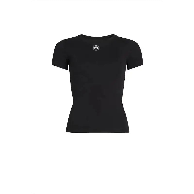 Retro Women's T-Shirt Summer Casual Slim Fit Short Sleeve Round Neck Solid Color Top Innerwear with Embroidered Moon Design