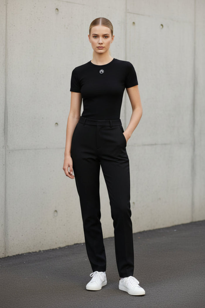 Black t-shirt with a logo on a white background
