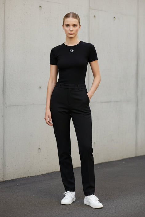 Black t-shirt with a logo on a white background
