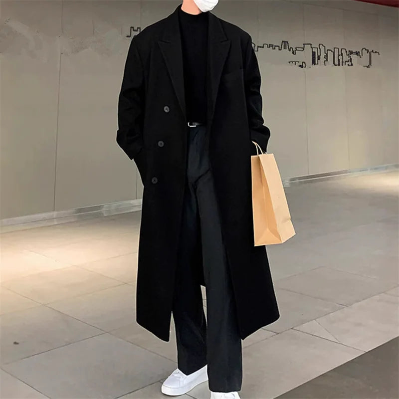 Autumn Winter Male Wool Blend Coats Fashion Long Business Casual Woolen Outwear Men Turn Down Collar Trench Coat Winbreaker Man
