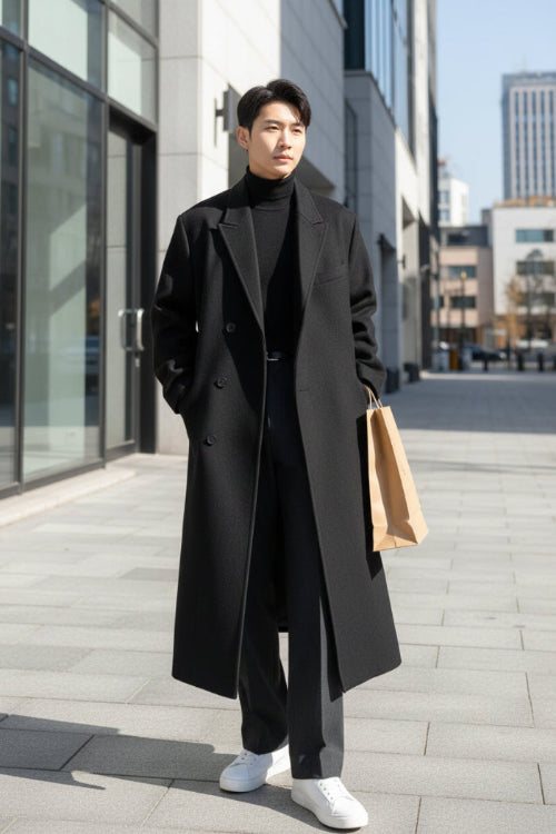 A person wearing an oversized black double-breasted overcoat over a black outfit, 