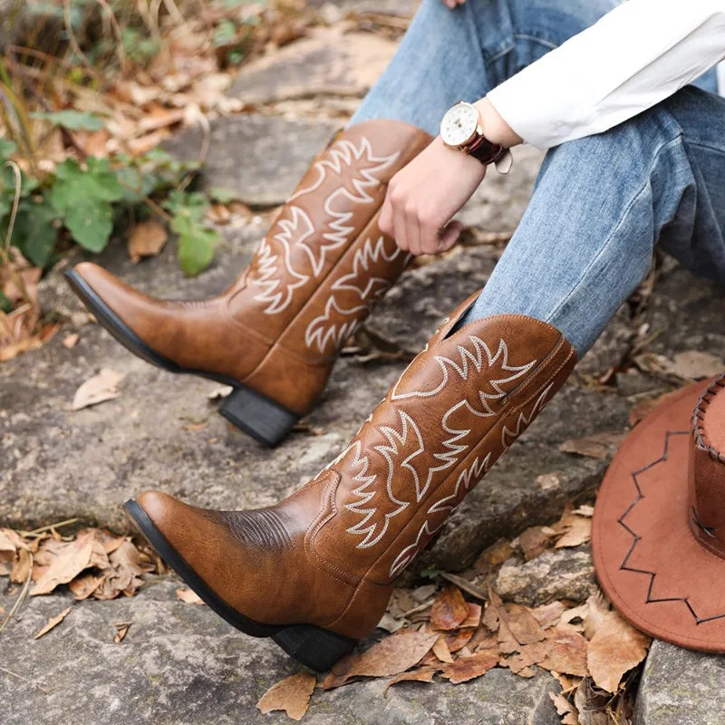 Embroidered Men Knee High Heel Leather Boots Retro European American Western Cowboy Boots Wedge Zip Casual Shoes Botas De Hombre