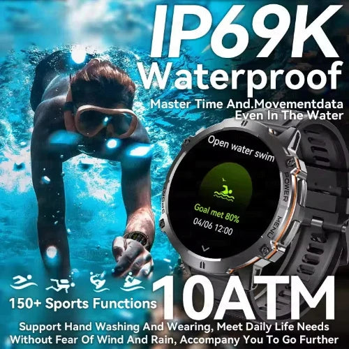Waterproof smartwatch with diving scene and text highlighting features
