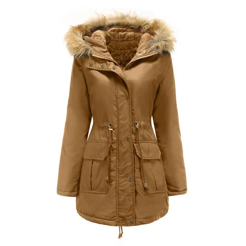 A tan hooded winter parka jacket with faux fur trim on the hood, front button closure, and drawstring waist, shown against a plain white background.