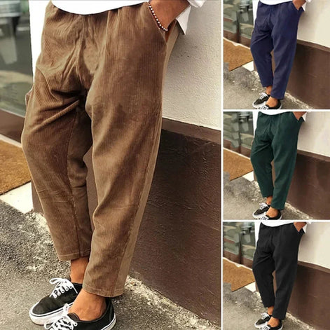 Collage of different colored pants worn by a person on a sidewalk.