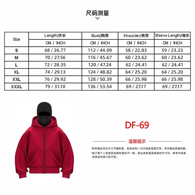 Men's Full Zip Hoodie with Built-in Face Mask Balaclava Techwear Sweatshirt with Crossbody Strap Tactical Streetwear Top