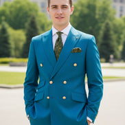 Blue suit jacket with gold buttons and matching pants on a white background