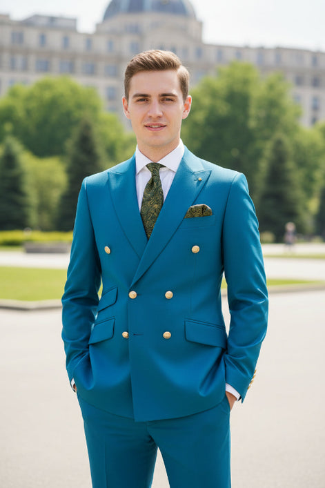 Blue suit jacket with gold buttons and matching pants on a white background