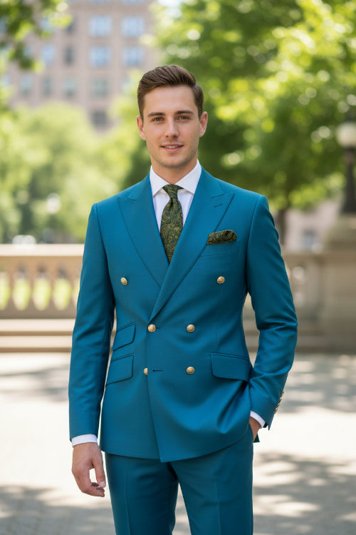 Blue suit jacket with gold buttons and matching pants on a white background