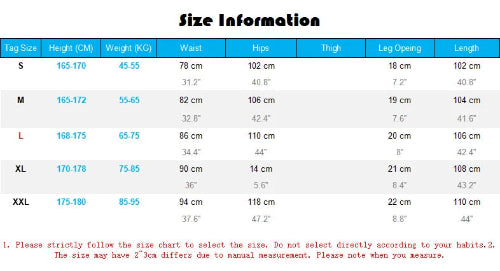 Size guide for indigo fatigue pants in S–XXL, with height, weight and pants measurements in centimeters and inches.