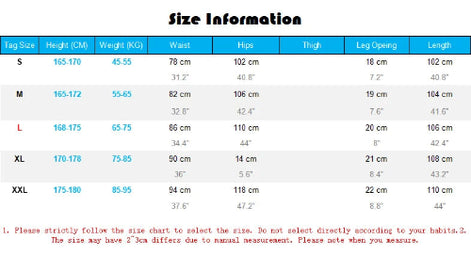 Size guide for indigo fatigue pants in S–XXL, with height, weight and pants measurements in centimeters and inches.