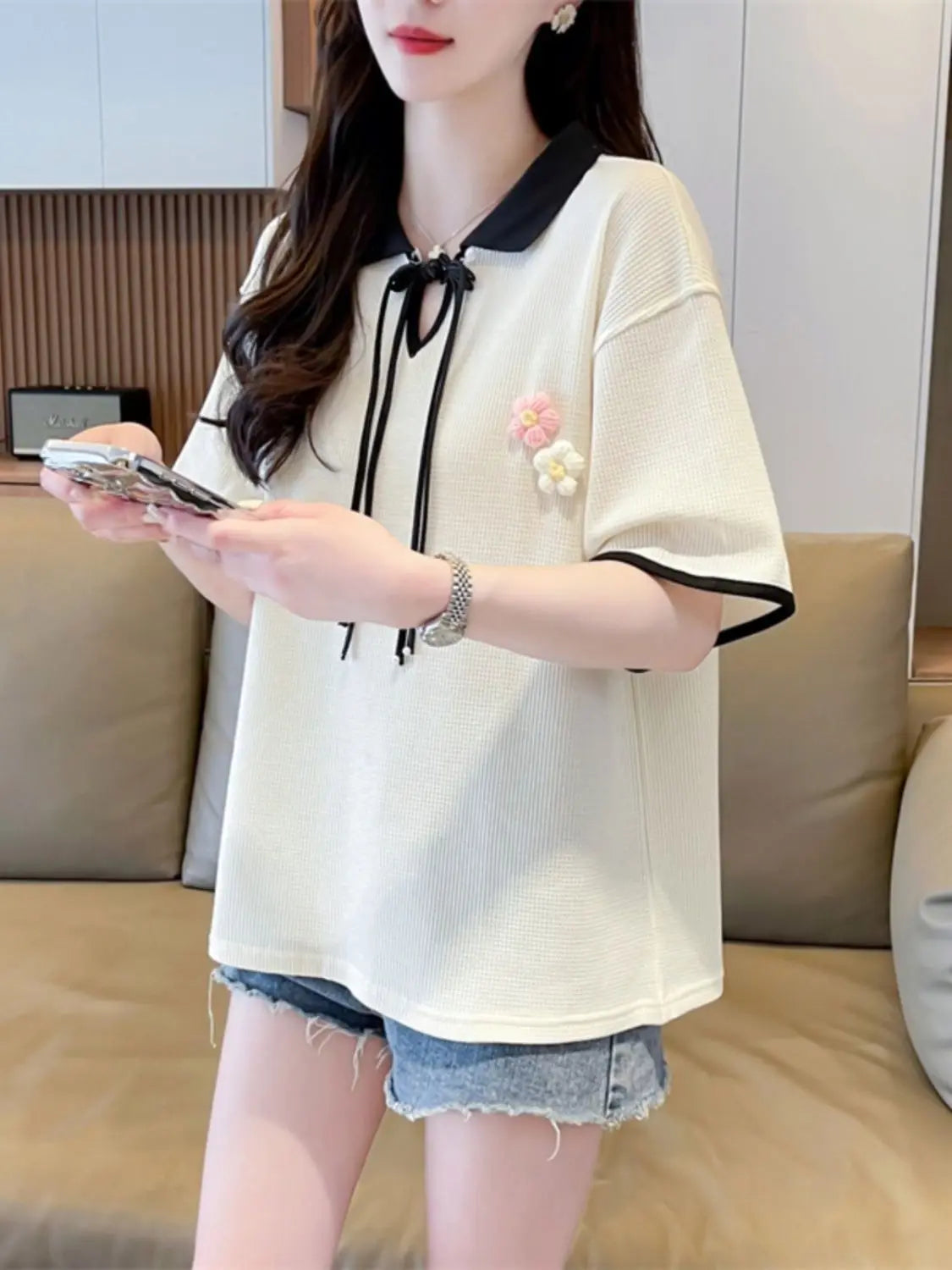 Contrast Color Baggy Woman Short Sleeve Tshirt Y2k Fashion Flower Summer Outfit Youthful Elegant New Polo Neck T Shirt for Women