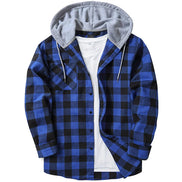 Blue and black plaid jacket with gray hood on a white background
