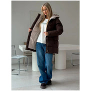Brown Hooded Quilted Cotton Jacket Fashion Waist Cinch Drawstring Zip Pocket Warm Coat 2026 Women's Winter Casual Street Outfit