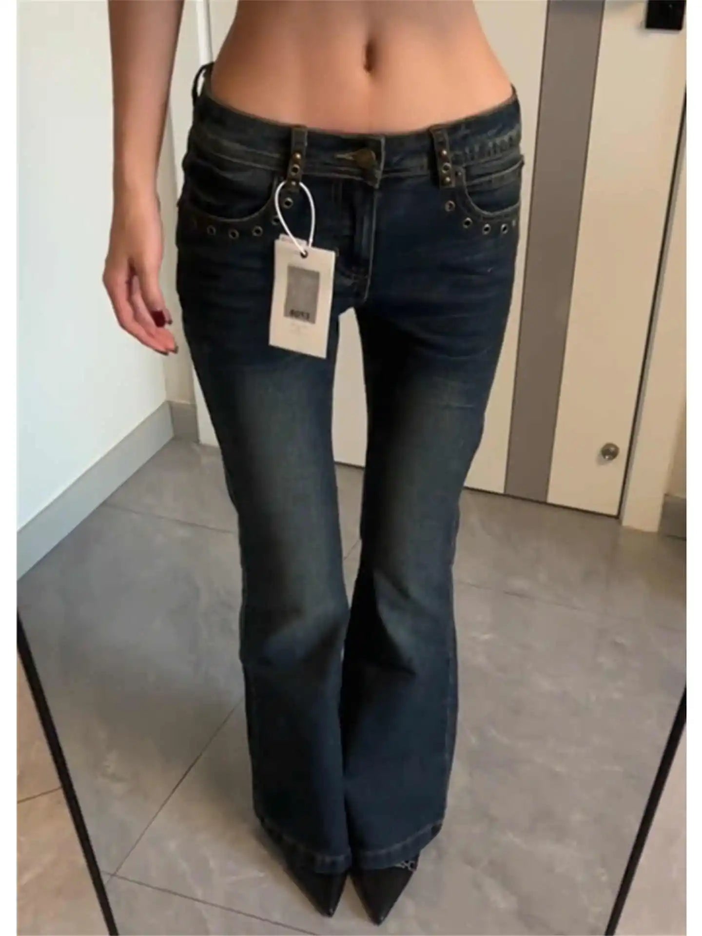 Women's American Retro Low Rise Bootcut Jeans Denim Pants Skinny Punk Long Trousers Japanese Y2k Cowboy High Street Designer New