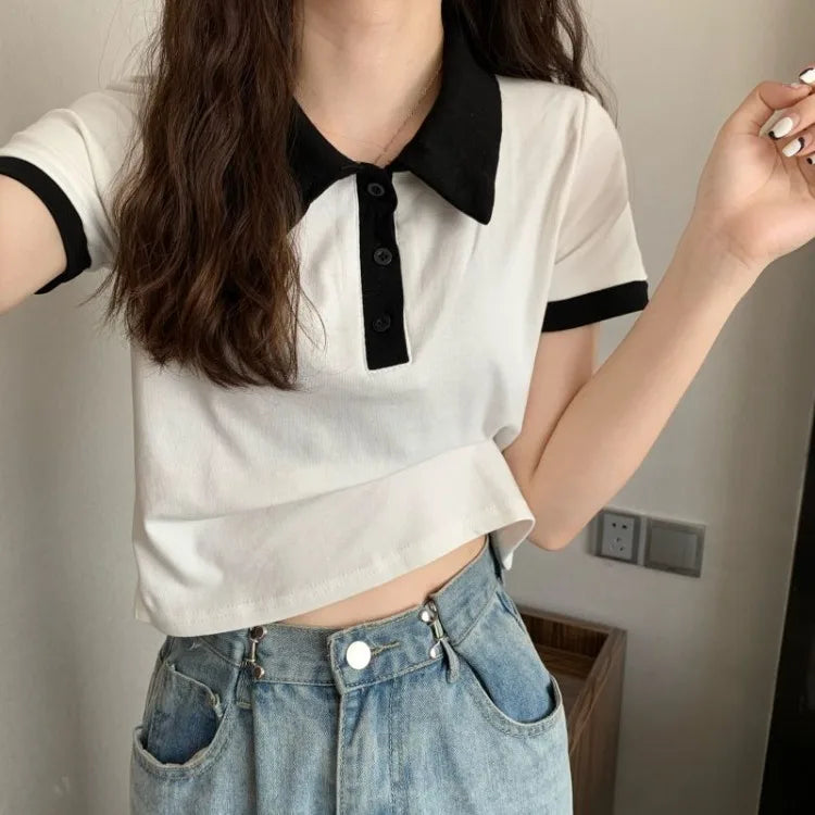 Summer 2026 Women New Arrival Slim Fit Versatile Polo Collar Color Block Short T Shirt Short Sleeve Unique Top Ins Trendy
