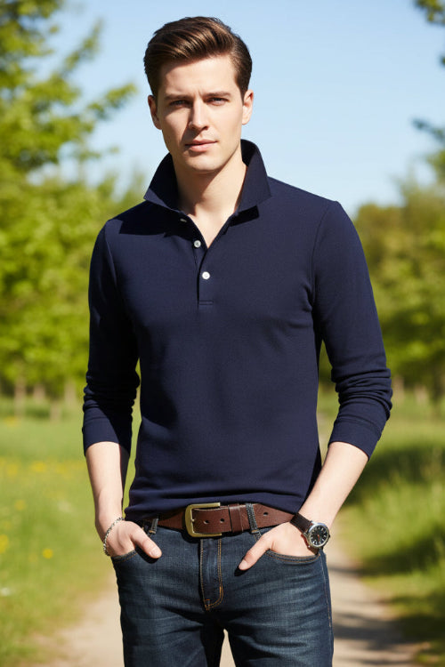 Navy blue long-sleeve polo shirt worn by a person on a white background