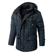 A dark navy blue hooded winter jacket with multiple flap pockets and brass-tone snap buttons, shown on a plain white background.